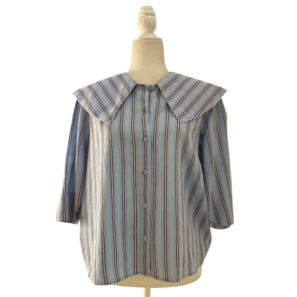 Paul & Joe Paris Striped Blouse Wide Collar Button Front NWOT Short Sleeves Silk - Picture 2 of 9